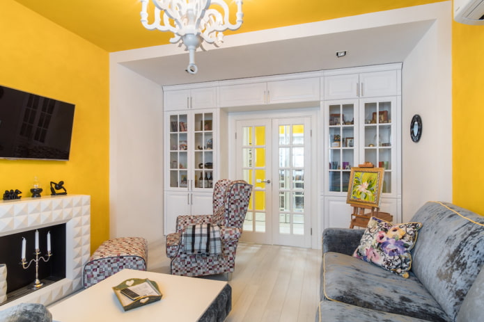 white doors with yellow walls in the interior