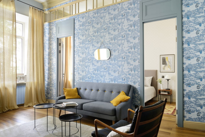 blue walls in the interior of the living room