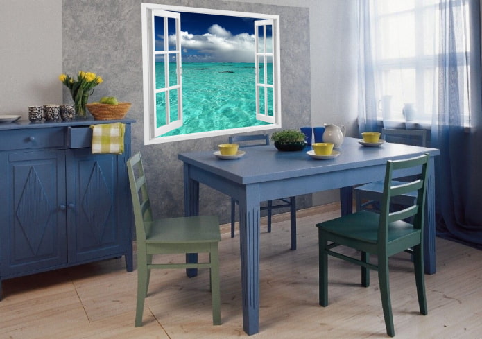 niebieski drewniany stół we wnętrzu