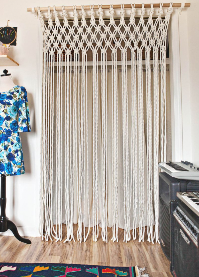 Macrame curtains on the door in the interior