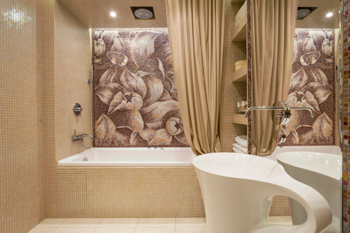 бежова мозайка в интериора на банята