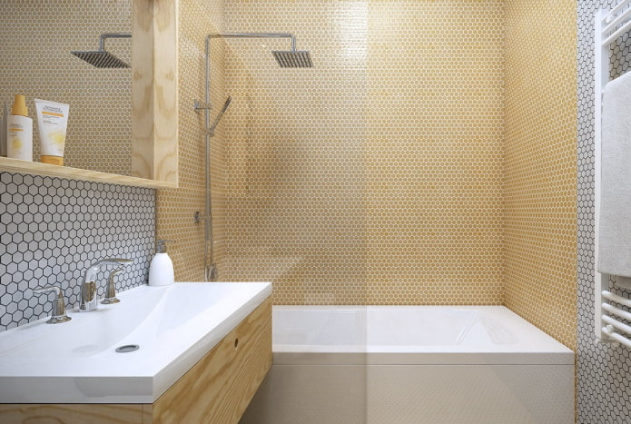 mozaika o strukturze plastra miodu we wnętrzu łazienki