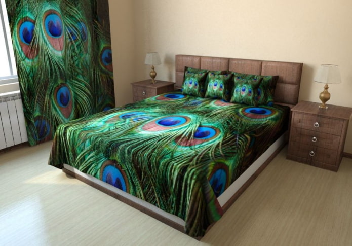 Bett mit einer Decke mit Fotodruck im Schlafzimmer