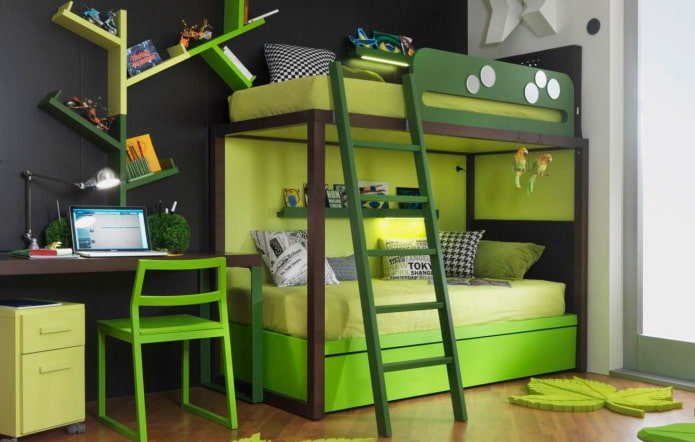 piętrowe jasnozielone łóżko w pokoju dziecinnym