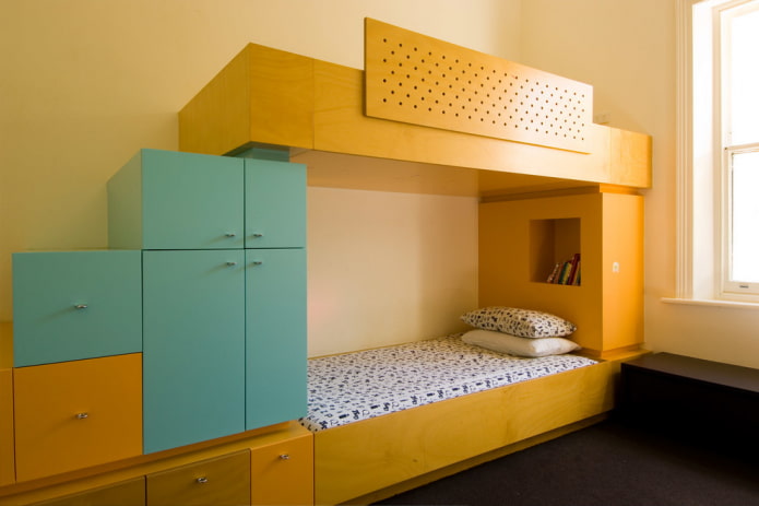 piętrowe żółte łóżko w pokoju dziecinnym