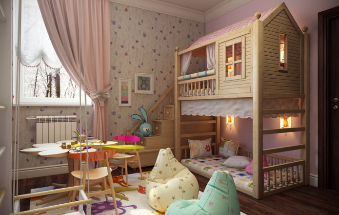 model piętrowy w pokoju dziecinnym dla dziewcząt