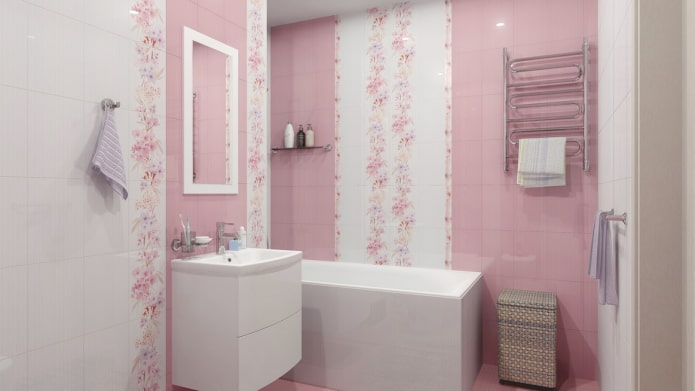 ροζ και λευκά πλακάκια στο εσωτερικό του μπάνιου