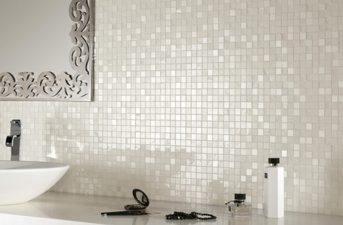 white and mother-of-pearl tiles in the bathroom