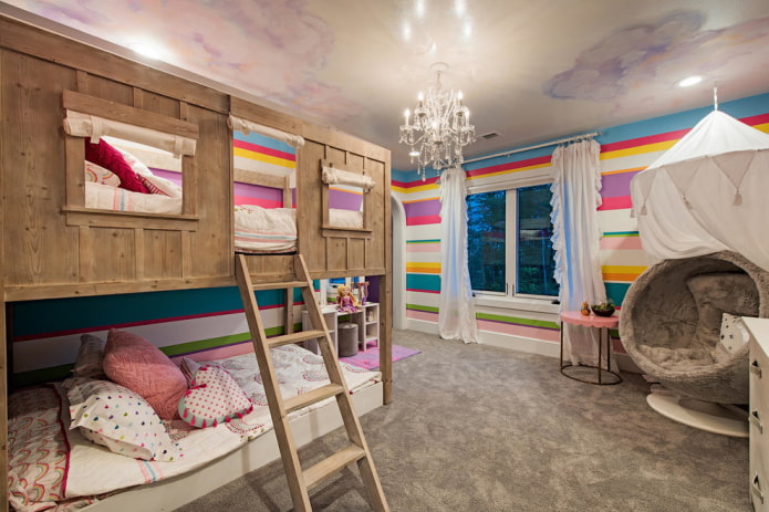 łóżko piętrowe w formie domu w pokoju dziecinnym