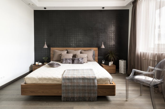 brown bed in the bedroom interior