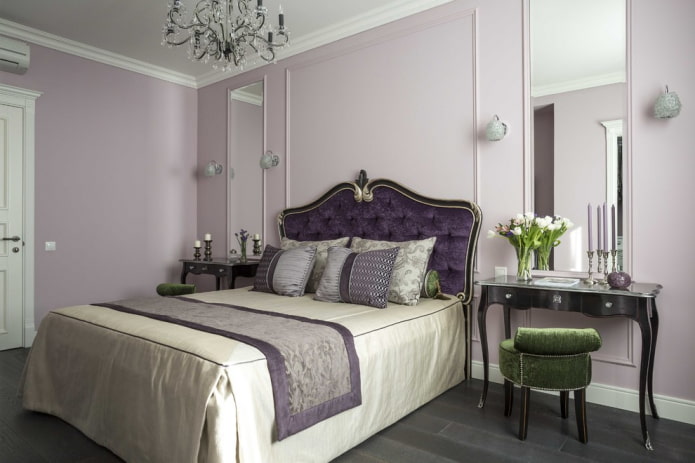 purpura gulta guļamistabas interjerā