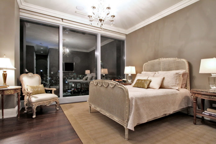 beige bed in bedroom interior
