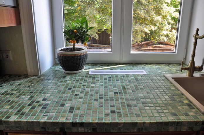 mosaic on the windowsill in the interior of the kitchen