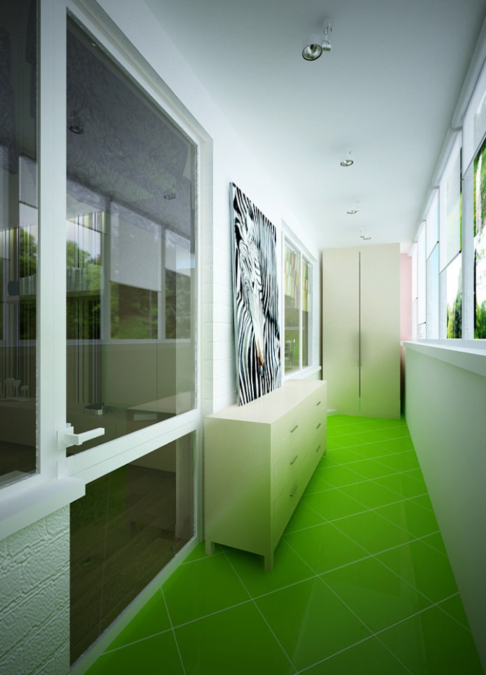 vihreä laatta lattialla parvekkeen sisätiloissa