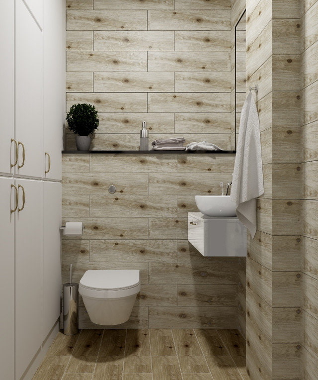 projekt płytek drewnianych we wnętrzu łazienki