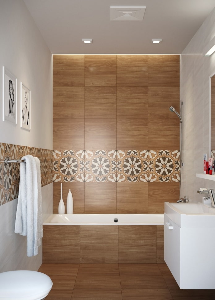 træ fliser design i badeværelset interiør