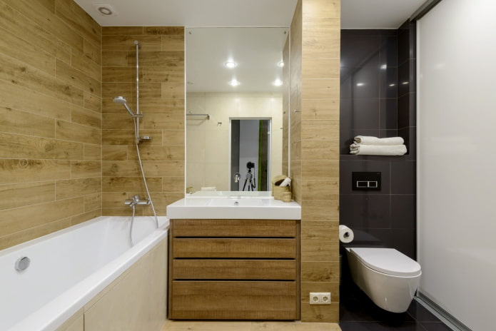 дървени стенни плочки в интериора на банята