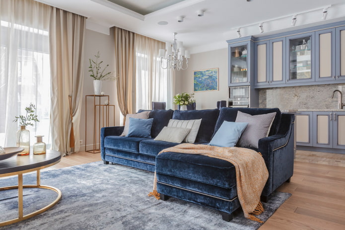 sofa góc màu xanh trong nội thất