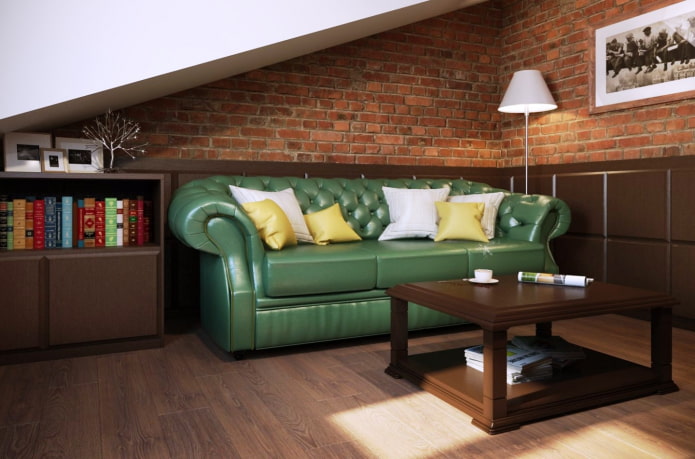 sofa Chesterfield hijau di pedalaman
