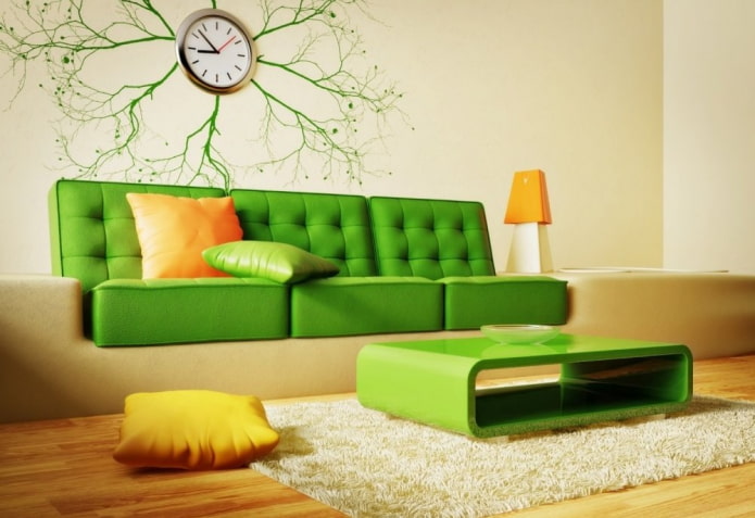 savas zöld kanapé a belső terekben