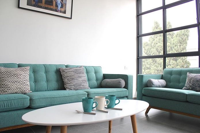 turquoise fabric sofa in the interior