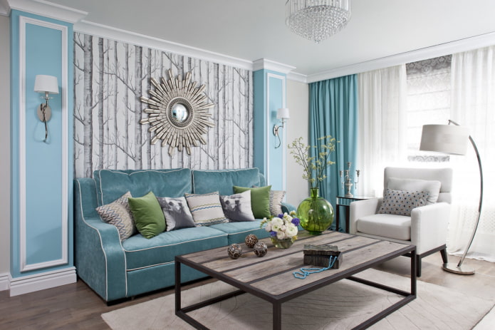 turkio spalvos sofa svetainės interjere