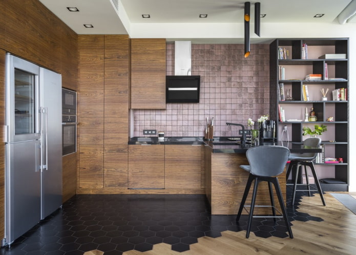 a combination of laminate and tile in the interior of the kitchen