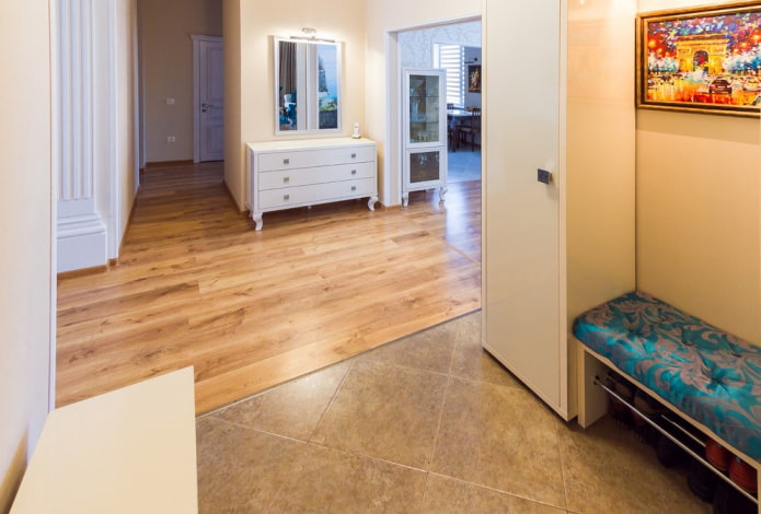 a combination of laminate and tile in the interior