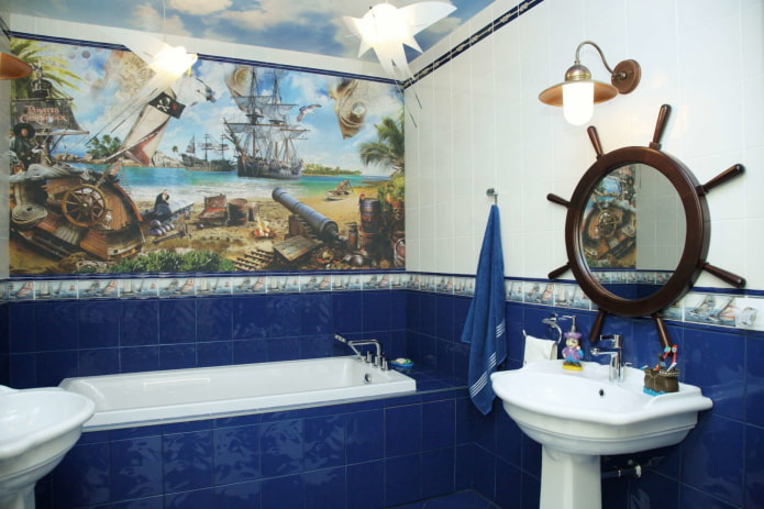 tiles in the interior of the bathroom in a marine style