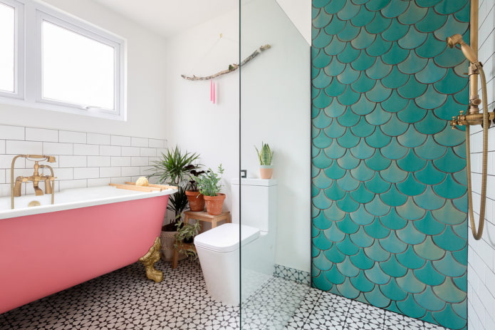 turquoise tiles in the interior of the bathroom
