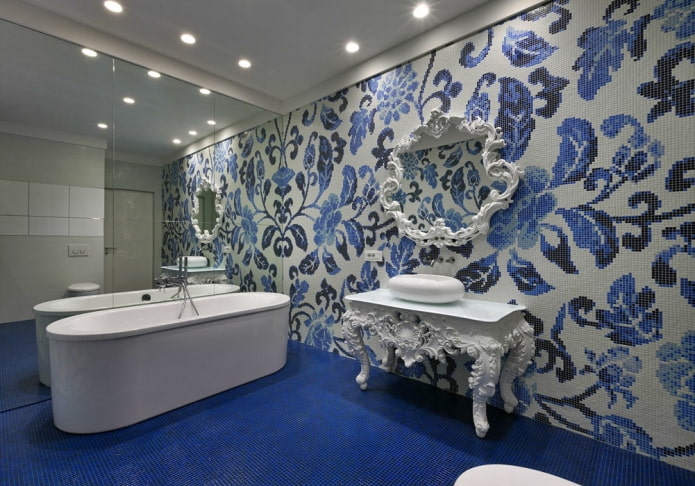 patterned tiles in the interior of the bathroom
