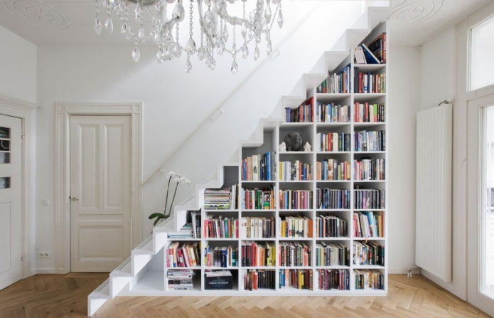 bookcase under the stairwell in the interior