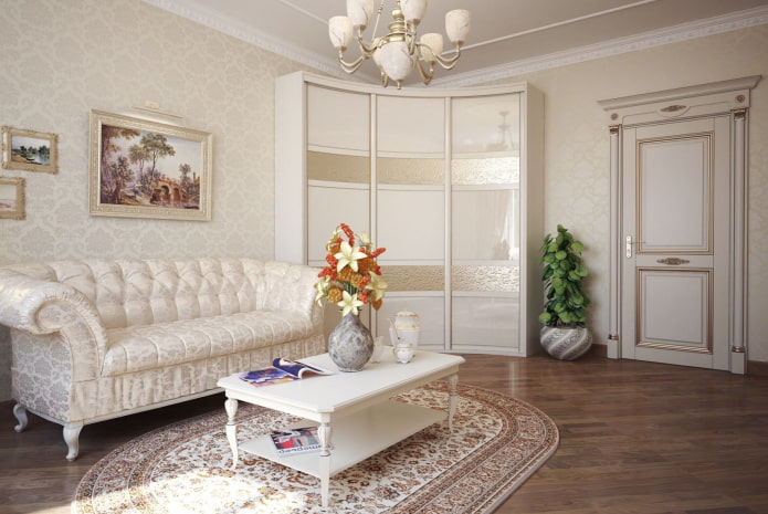 ъглов гардероб в интериора на залата класически стил