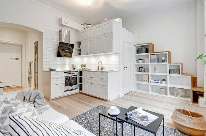 Interno appartamento monolocale in stile scandinavo
