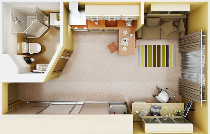 Studijas tipa dzīvokļa izkārtojums 25 kvadrātmetru platībā. m