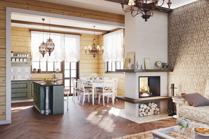 intérieur d'un studio de cuisine avec cheminée en forme de cloison
