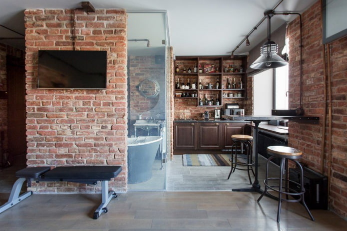 интериорен дизайн на кухненско студио в стил лофт