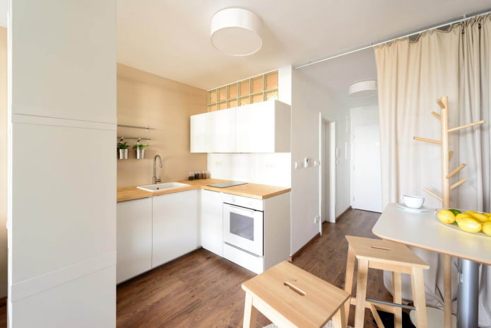 virtuvės zonos dizainas studijos tipo bute