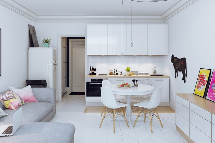 kitchen area design in a studio apartment