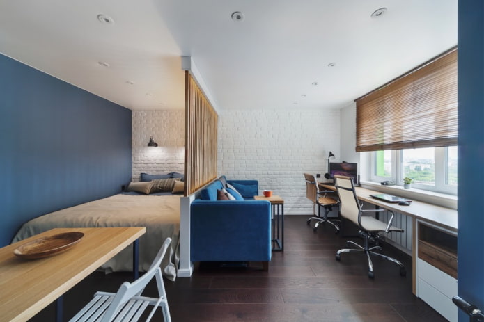guļamistabas dizains studijas tipa dzīvokļa interjerā