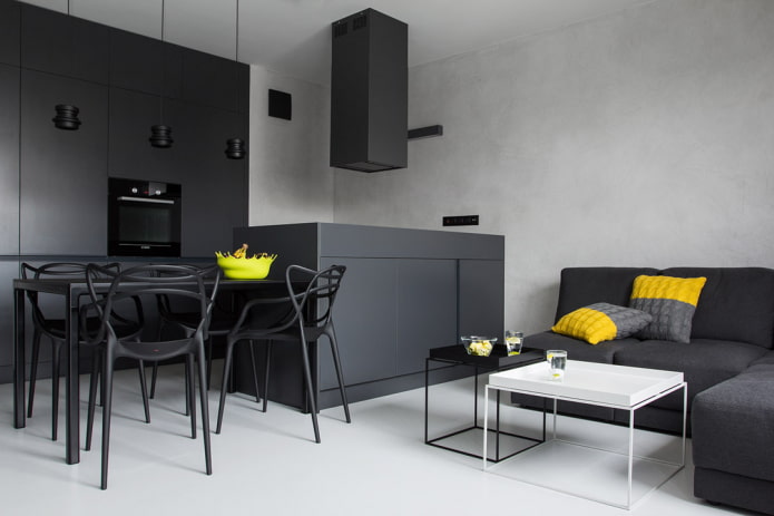 the color scheme of the interior of the studio apartment