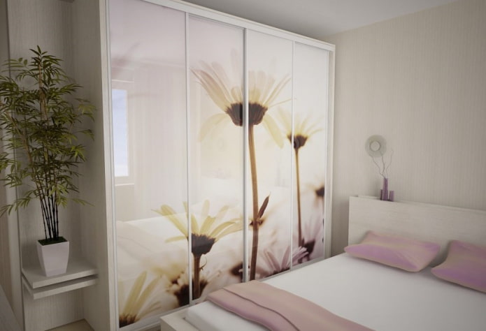 wardrobe with a facade with photo printing in the bedroom interior