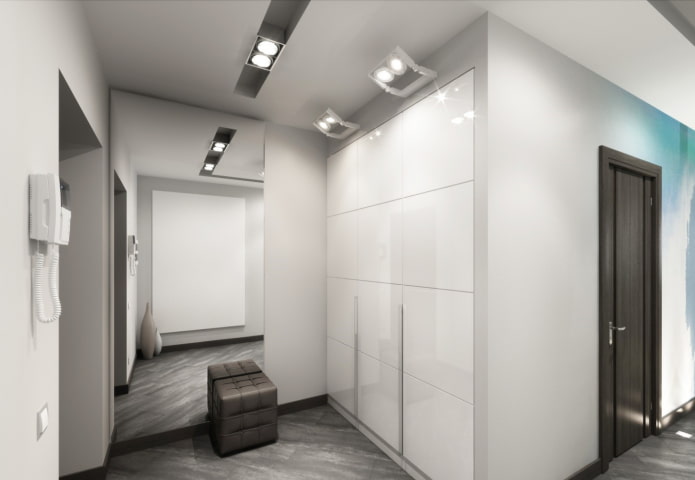 minimalistinis drabužių spinta koridoriaus interjere