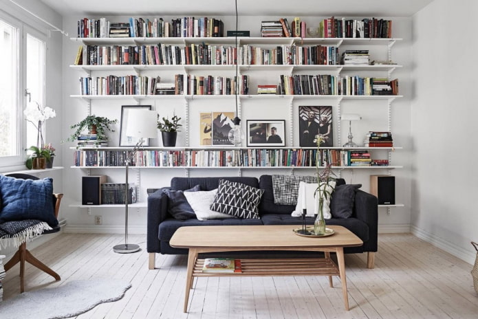 Scandinavian-style bookshelves in the interior