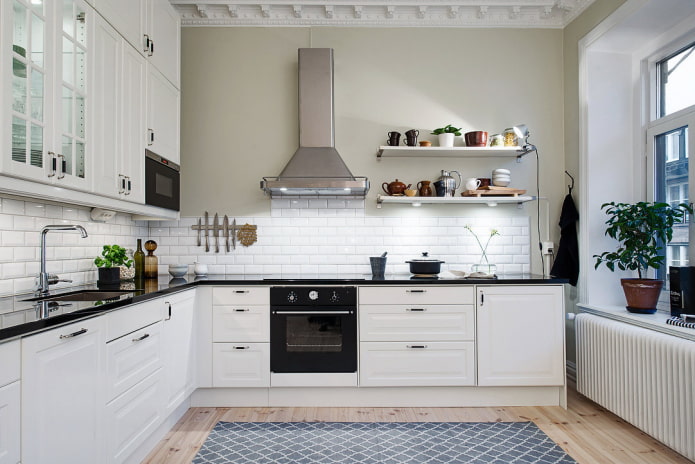 shelves in scandinavian style kitchen interior