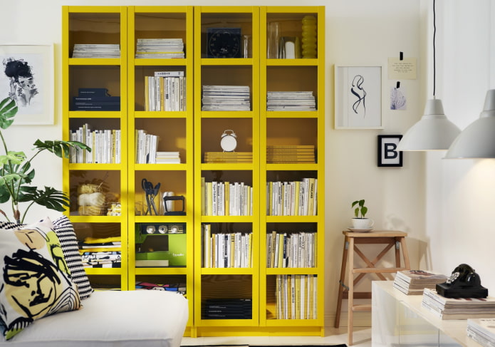 yellow shelving in the living room interior