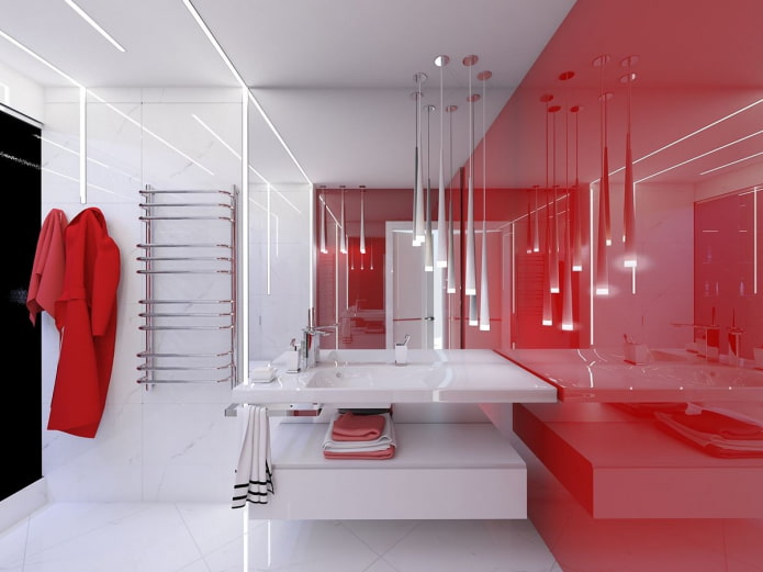 banheiro em tons de vermelho e branco