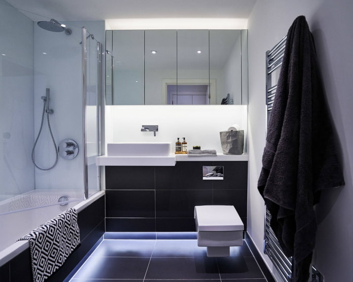 Salle de bain en noir et blanc avec LED