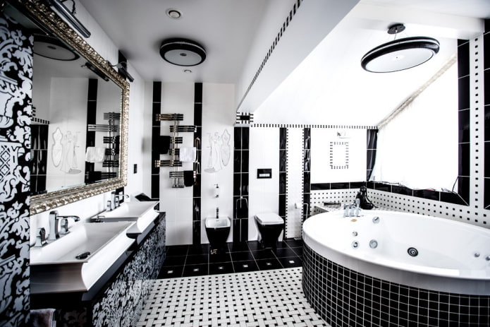 phòng tắm gác mái màu đen và trắng