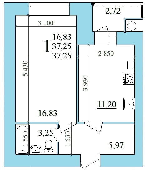 Apartment size 37 sq m